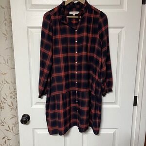 LOFT‎ Women's Plaid Ruffle Neck Button Down Shirt Dress Navy Red Size M